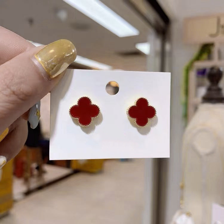 Classic Wine Red Four Leaf Clover Ear Exquisite High-grade Refined Stud Earrings