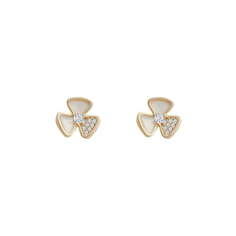 Three Leaf Zircon Flower Female Style Niche Earrings