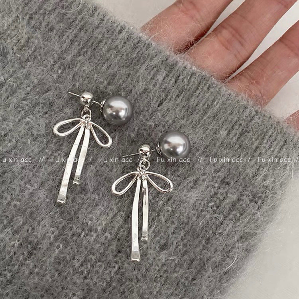 Bowknot Gray Pearl Female Temperament Small Long Tassel Earrings