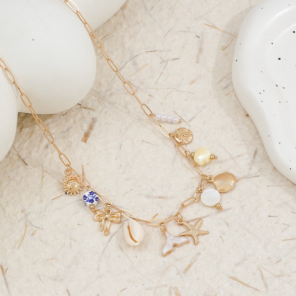 Women's Ocean Sun Blue White Porcelain Bow Shell Necklace