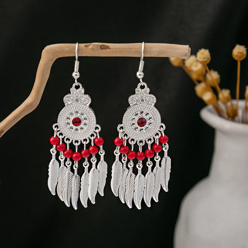 Ethnic Style Imitation Miao Sier Colorful Long Feather Tassel Earrings