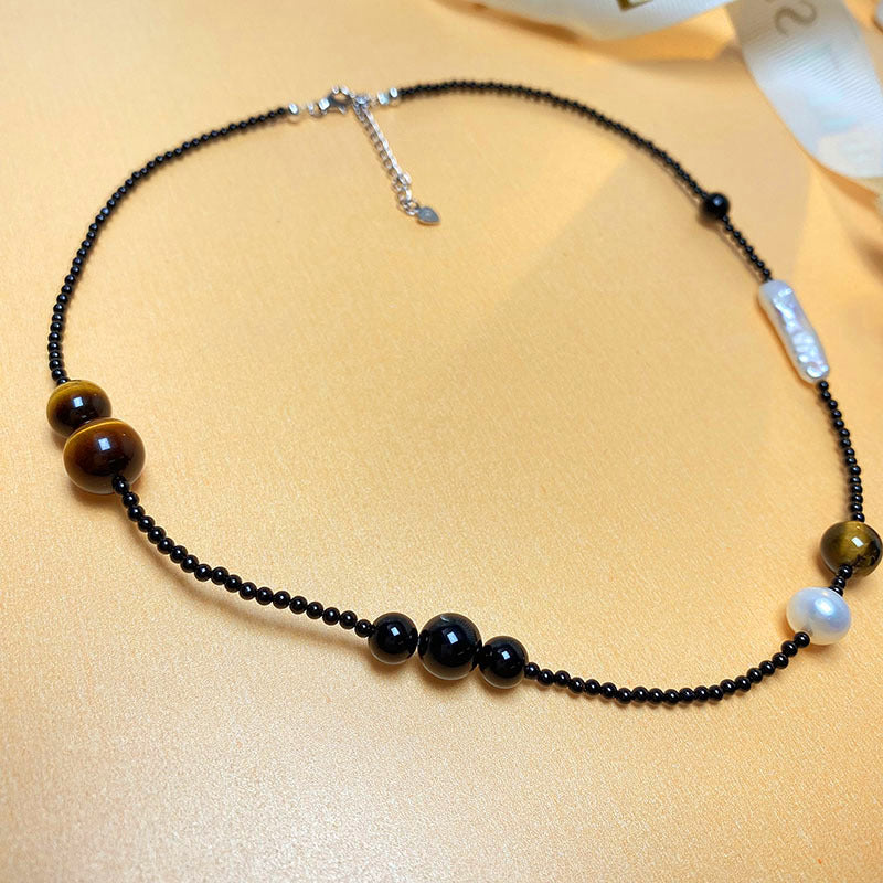 Sier Natural Tigereye Freshwater Pearl Clavicle Chain Temperament Personality Necklaces