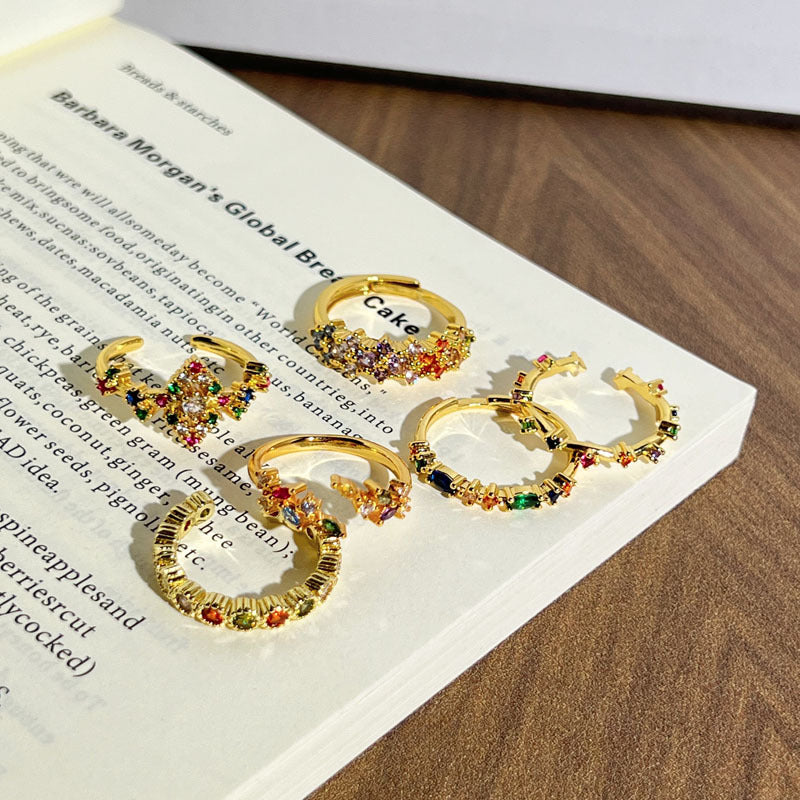 Romantic Gentle Colorful Crystals Twin Open Female Retro Temperamental Minority Ring