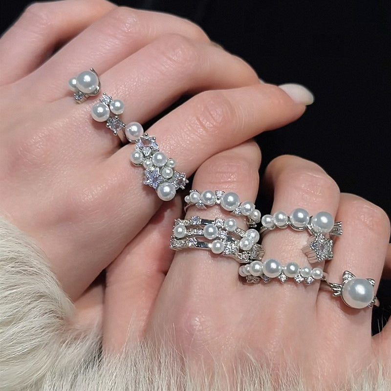 Pearl Shining Diamond Open Female Design High Sense Ring