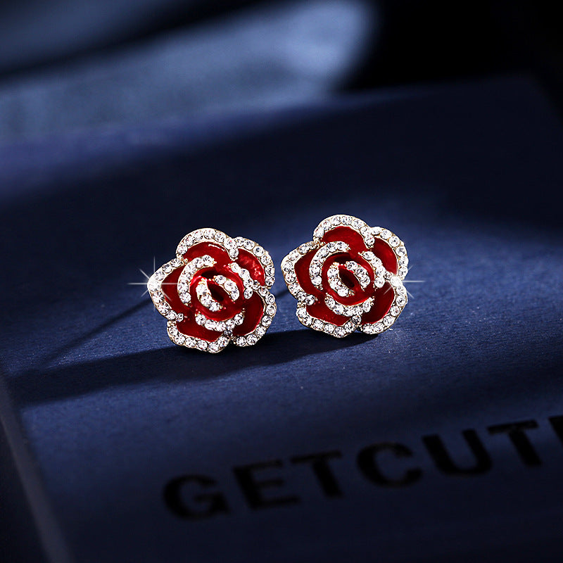 Women's Red Rose Simple Rhinestone High-grade Vintage Earrings