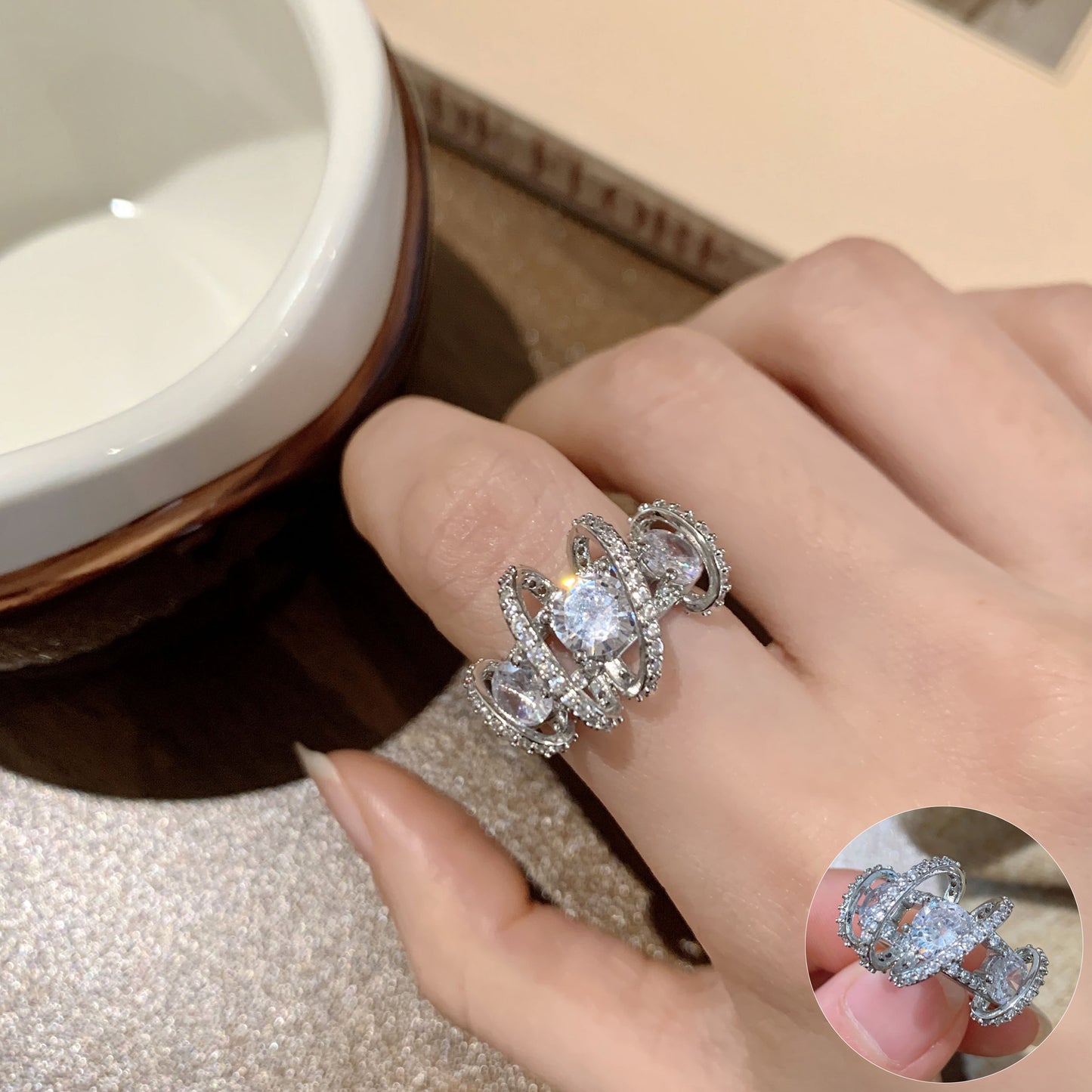 Pearl Flower Female Vintage Court Style Elegant Opening Index Ring