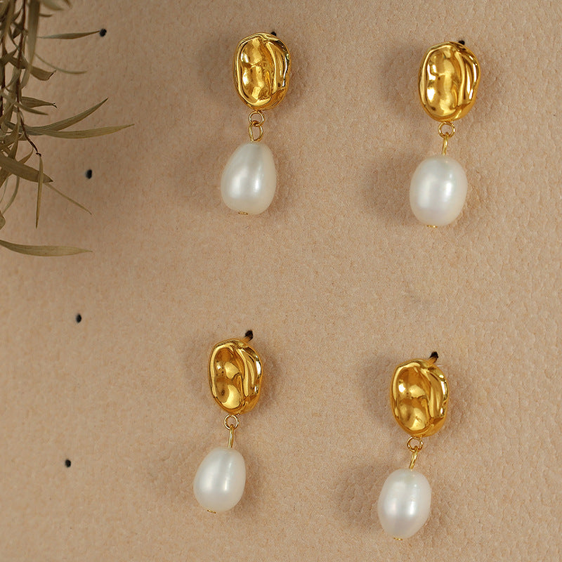 Baroque Natural Pearl Gold Plated Gentle Temperament Earrings