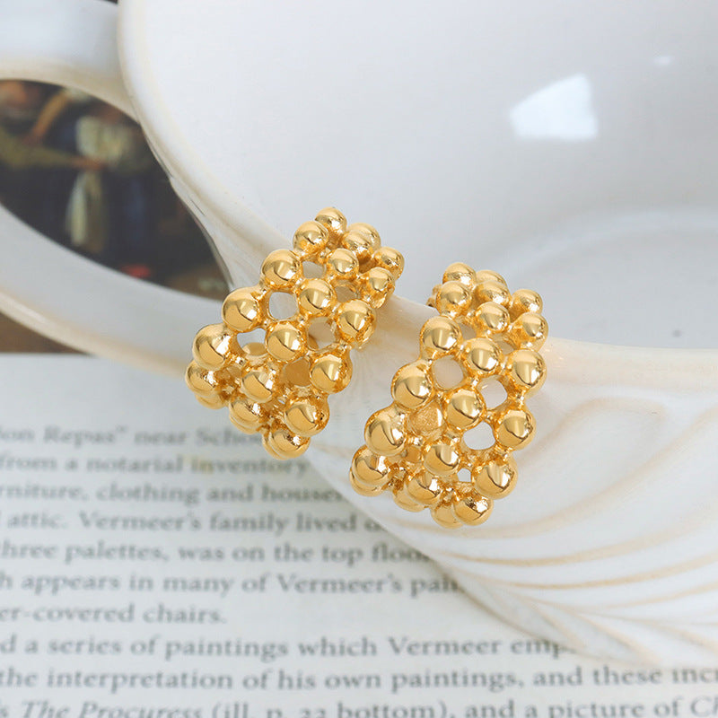 Hop Style Steel Ball Stitching Mesh Design Earrings