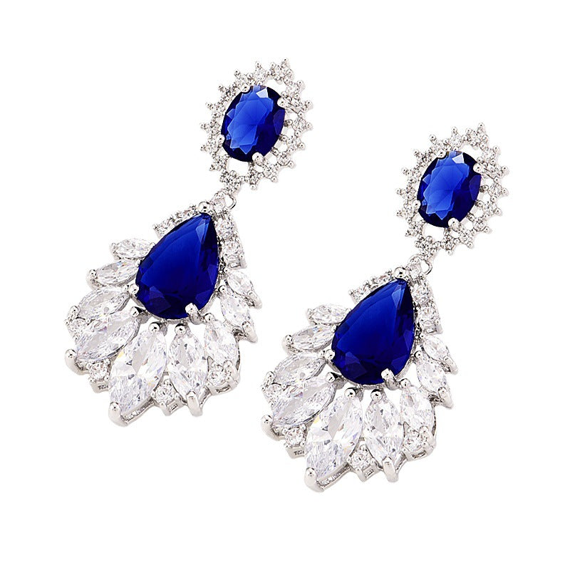 Vintage Tassel Sapphire Blue Zircon Sier Pin Wedding Earrings