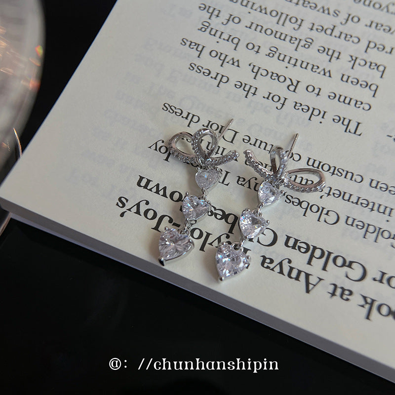 Women's Bow Loving Heart Zircon For Light Luxury Minority Design High-grade Earrings