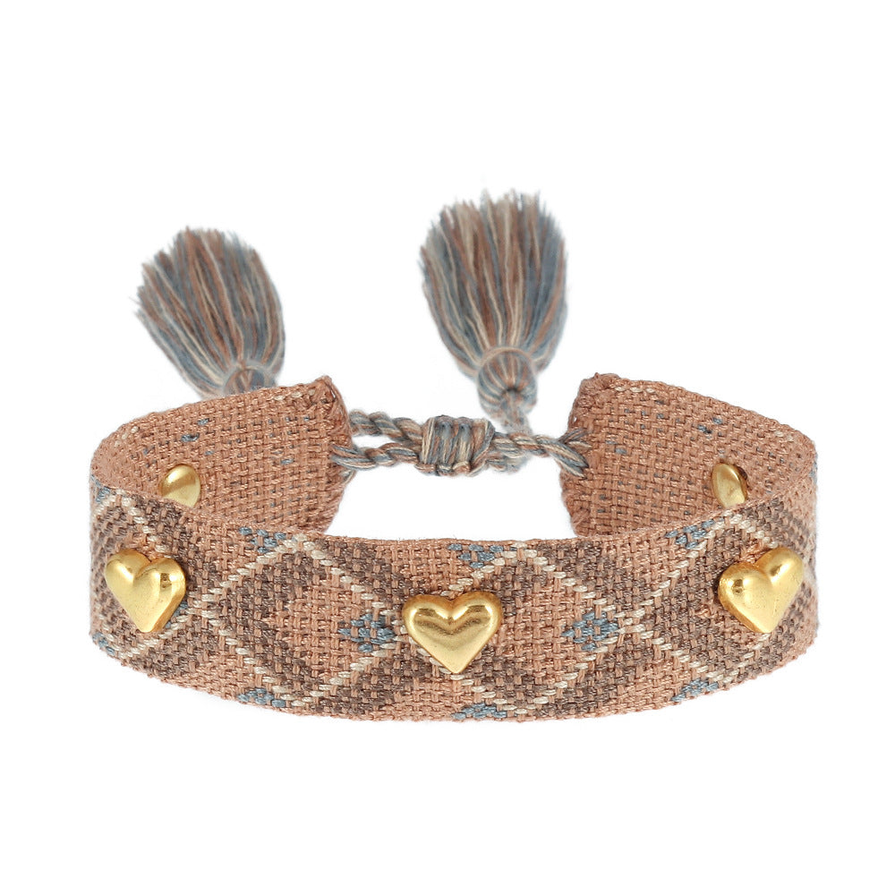 Couple Golden Heart-shaped Carrying Strap Hand-woven Tassel Bracelets