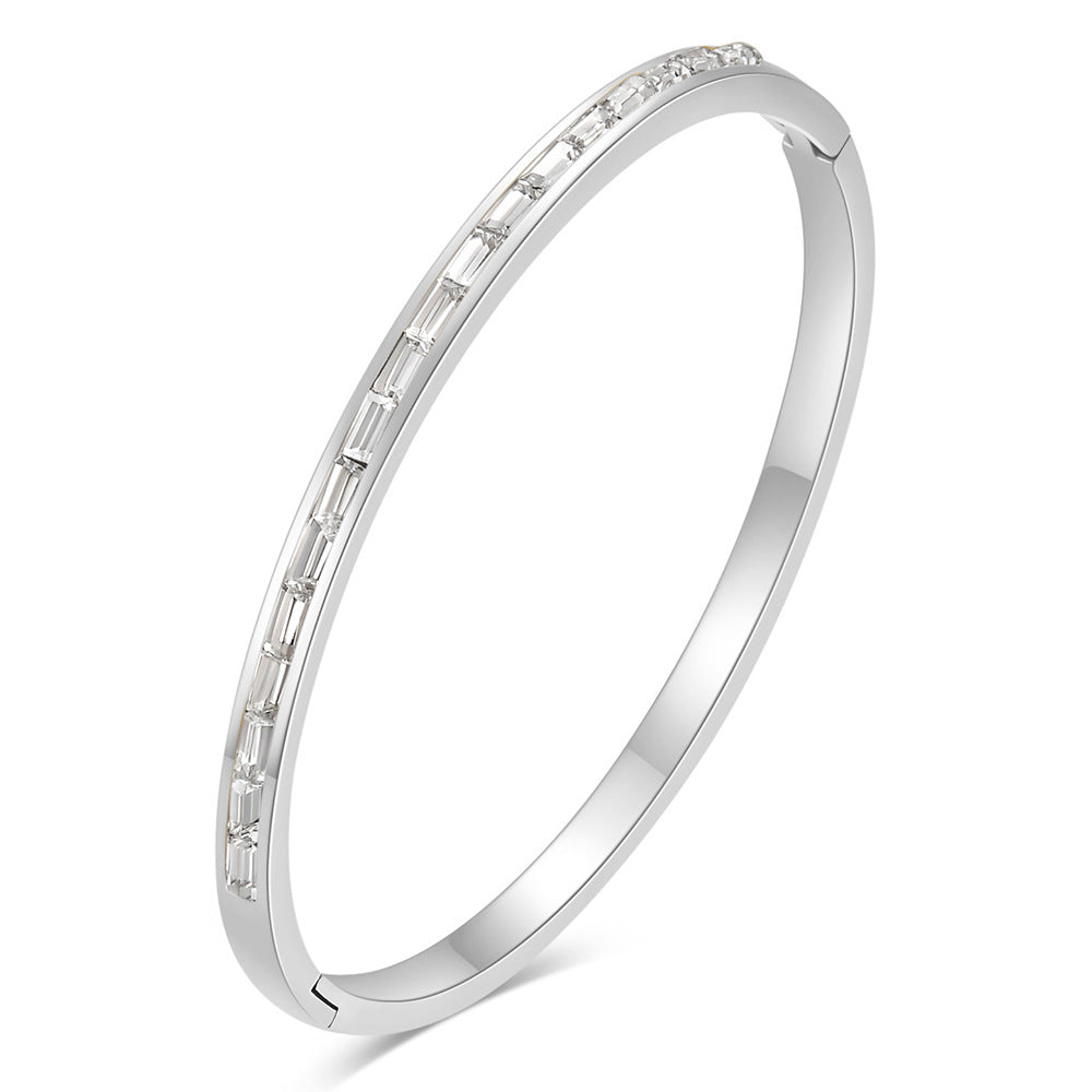 Simple Strip Inlaid Zirconium Stainless Steel Oval Open-ended Bracelet
