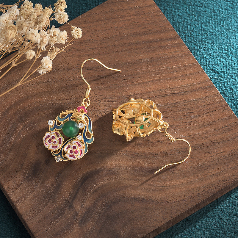 Boucles d'oreilles féminines en calcédoine naturelle en émail peint à la mode