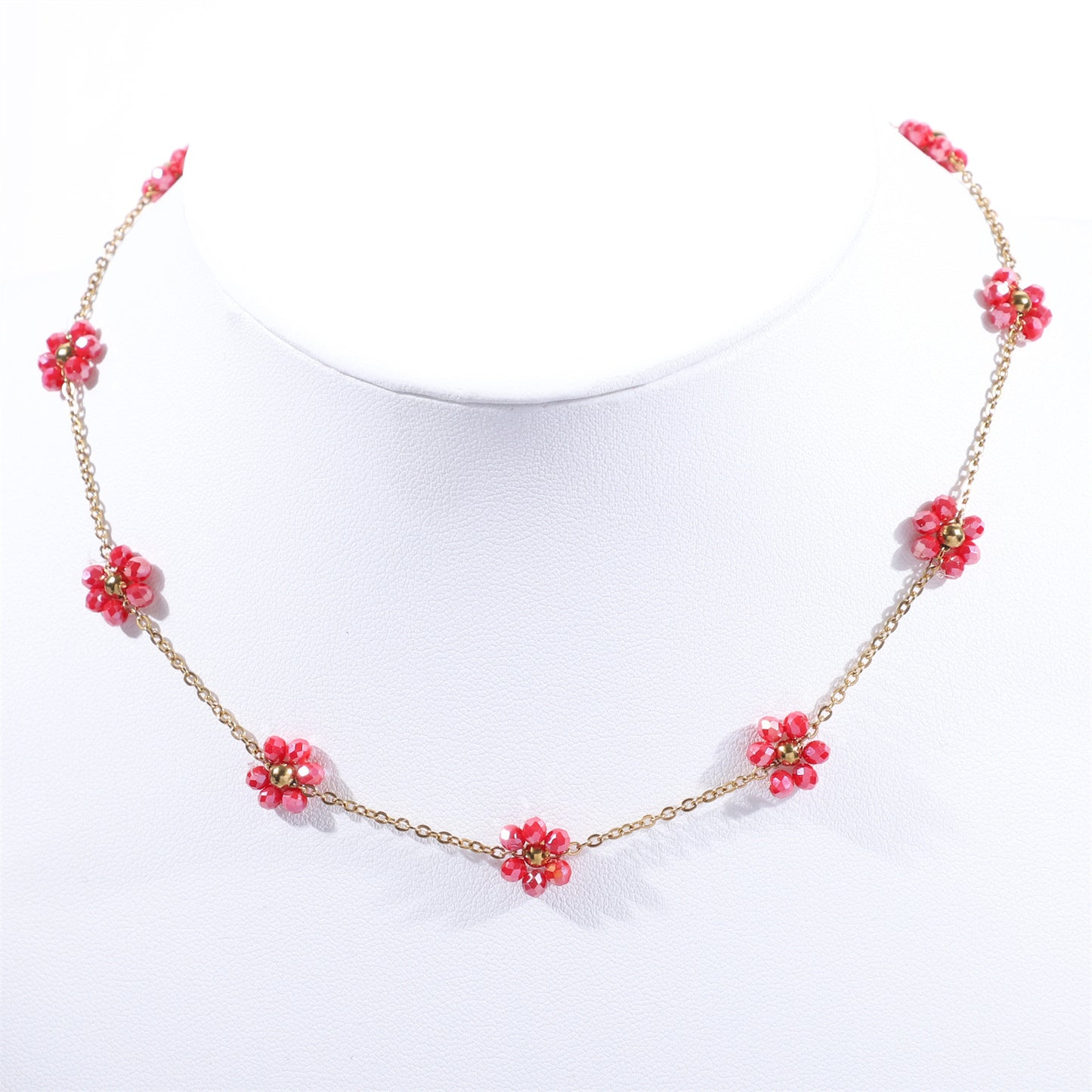 Women's Color Crystal Flowers Pearl Flower Stainless Steel Design Style Necklace