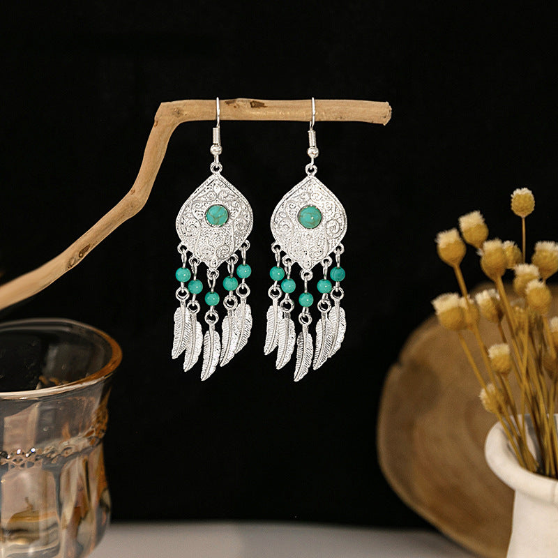 Ethnic Style Imitation Miao Sier Colorful Long Feather Tassel Earrings