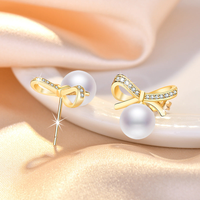 Women's Style Rhinestone Bow Freshwater Pearl Vitality Earrings