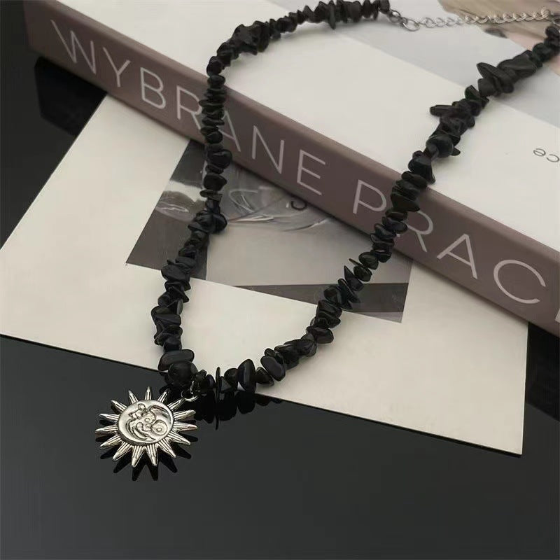 Women's Sunflower Design Black Gravel Sweater Chain Tide Necklaces