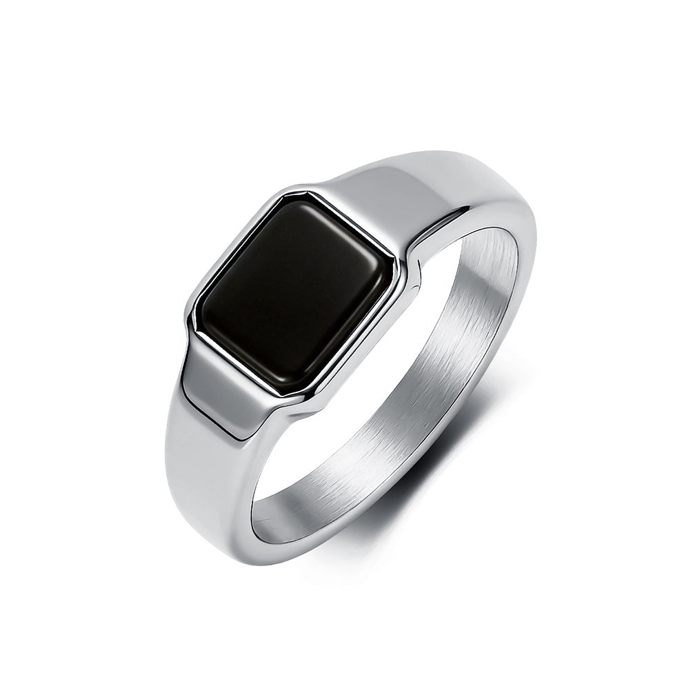 Women's & Men's Style Geometric Design Titanium Steel Black Onyx Niche Ring