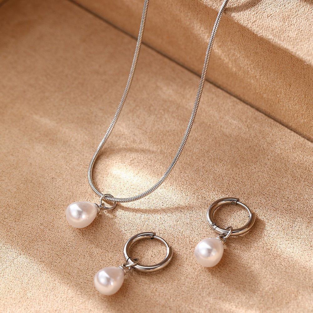 Stainless Steel Style High-grade Water Drop Pearl Suite Female Jewelry Set