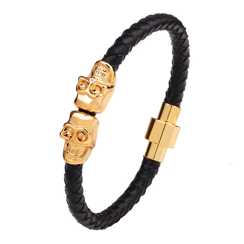 Men's Woven Leather Skull Alloy Trendy Bracelet