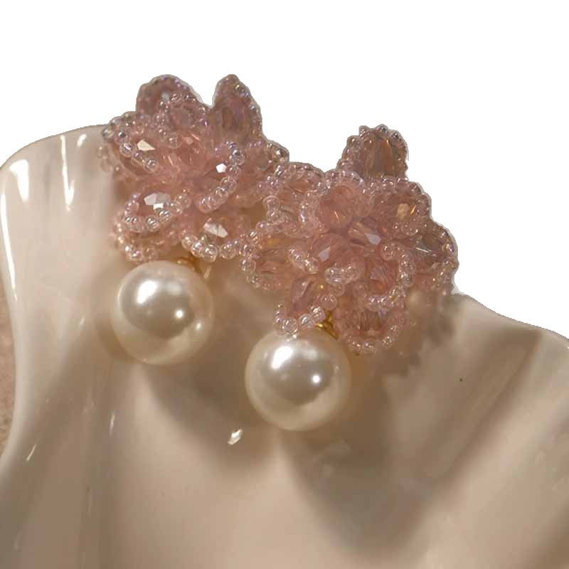 Luxury Fresh Handmade Woven Crystal Flower Style Stud Earrings