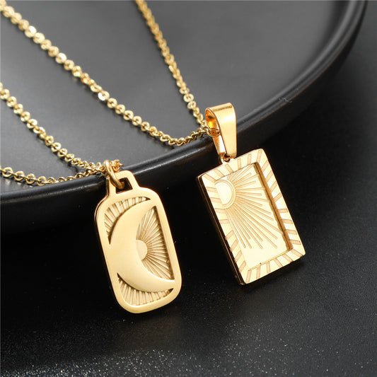 Gold Plated Stainless Steel Fashion Personality Square Sun Moon Necklaces