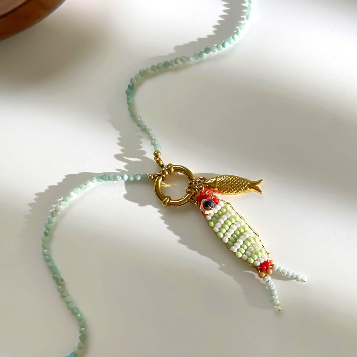 Women's Dopamine Beaded Fish Stainless Steel Natural Stone Bead Summer Necklaces