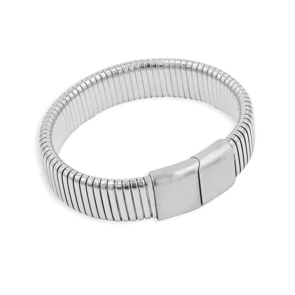 Decorative Stainless Steel Finishing Polish Magnetic Snap Elastic Wide Surface Bracelets