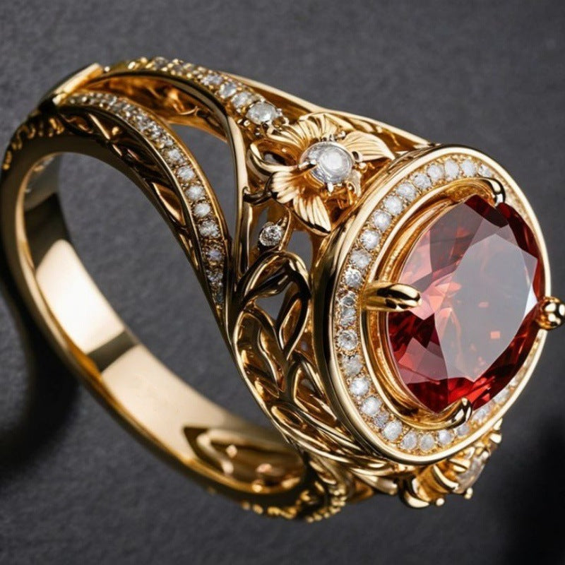 Women's Korean Style Fashionable Round Inlaid Red Rings