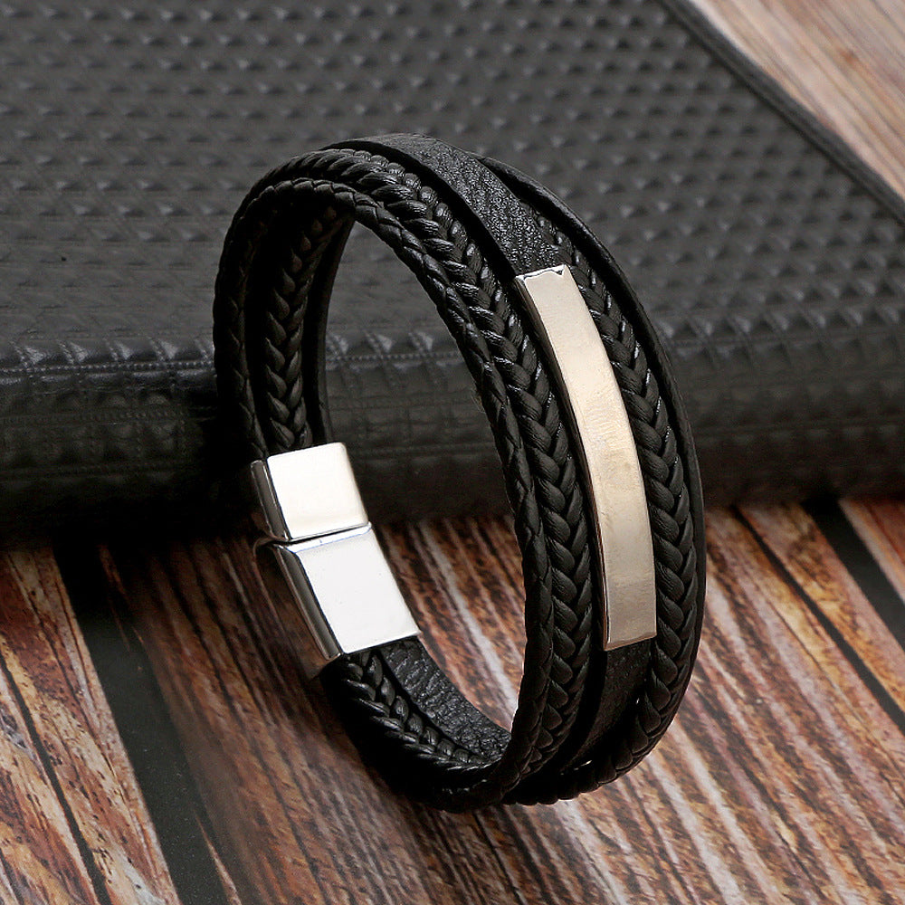 Men's Leather Retro Woven Stainless Steel Magnetic Bracelets