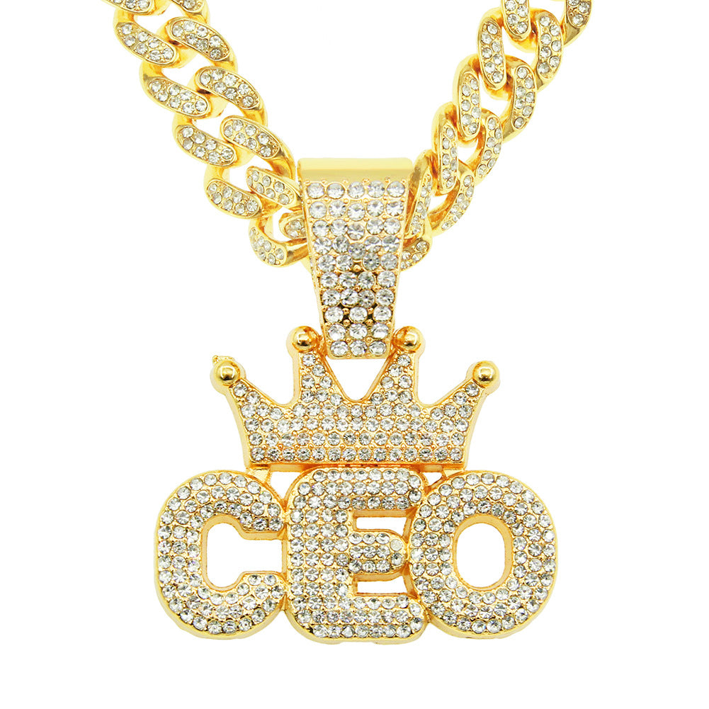 Men's Hip Hop Full Diamond Crown Letters Pendant Cuban Necklaces