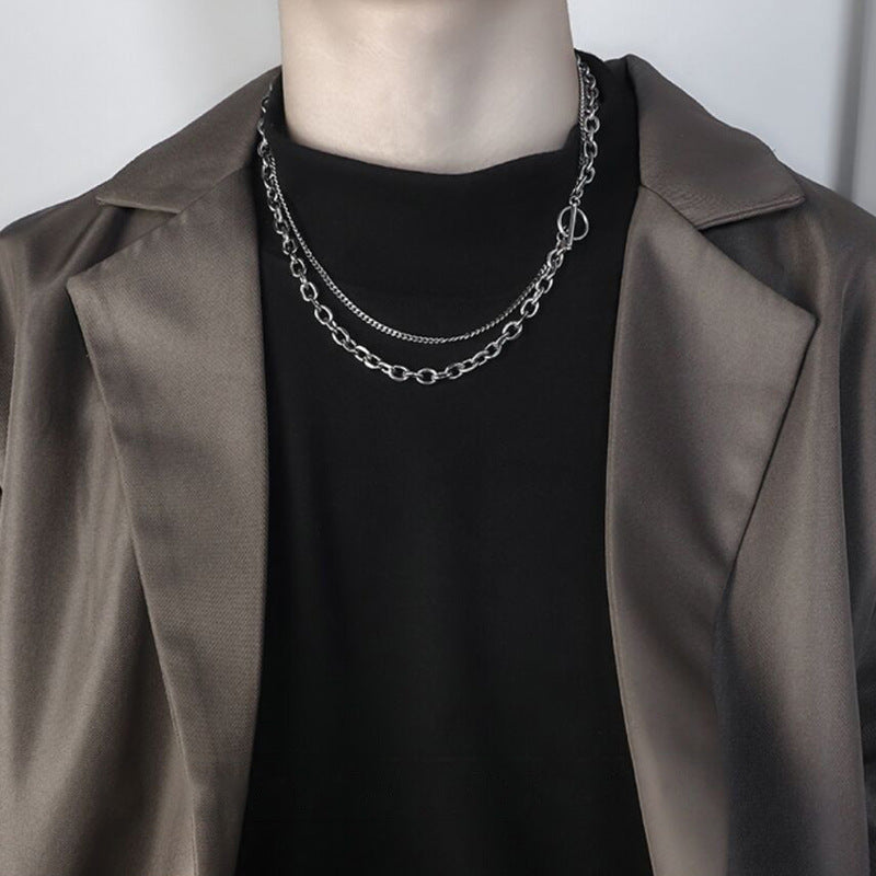 Women's & Men's Titanium Steel No Fading Geometric Personality Double Layer Couple Necklaces