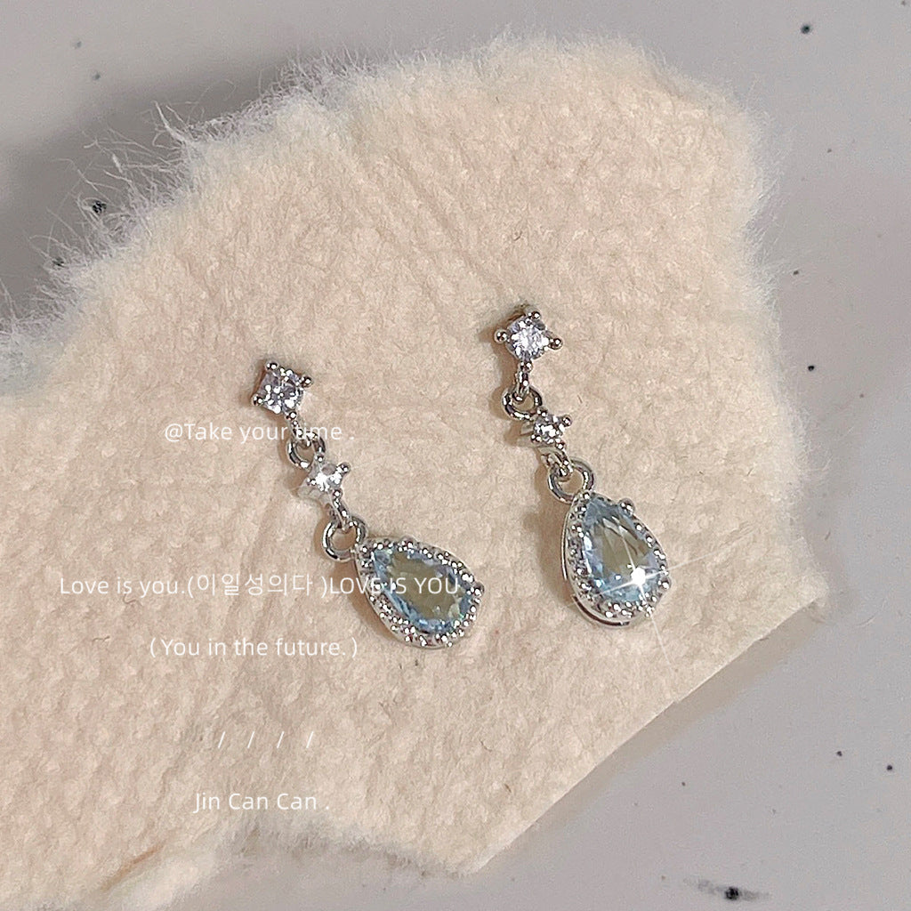 Inlaid Zircon Sier Needle Light Blue Earrings