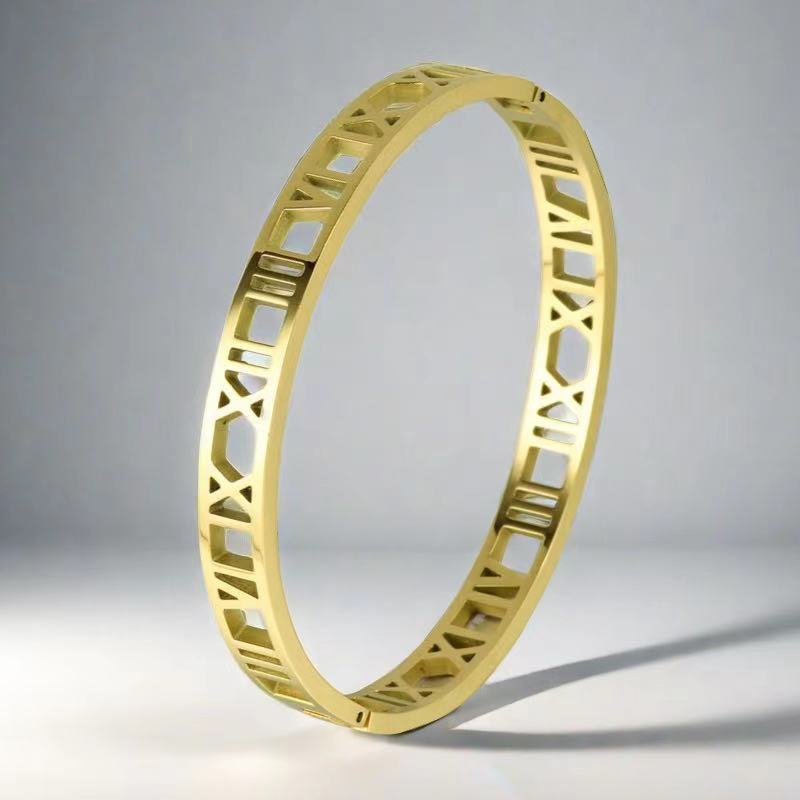 Simple Korean Style Roman Digital Furnace Gold Hollow Bracelet