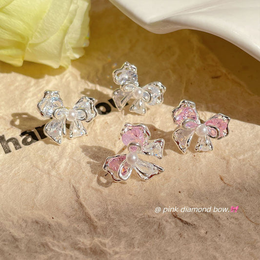 Pink Zircon Bow Female Sier Needle Korean Earrings