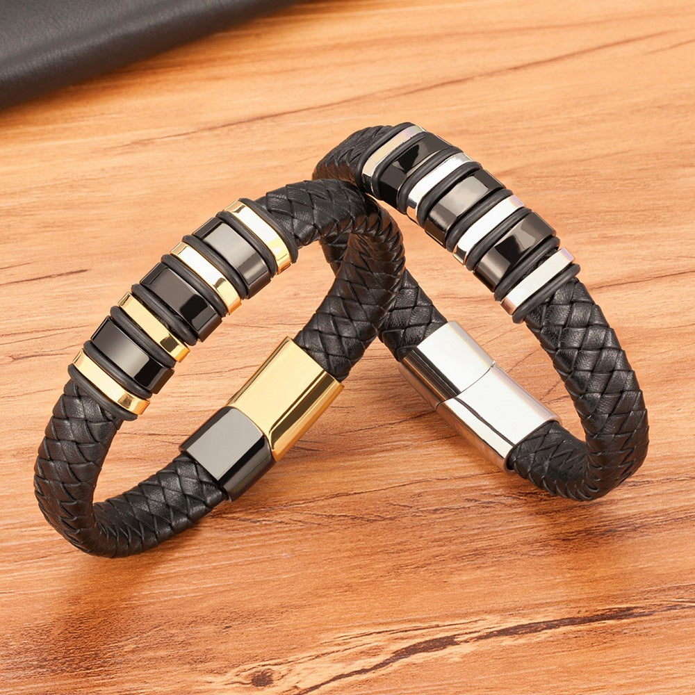 Men's Fashion Woven Rope Black Leather Simple Stainless Steel Bracelets