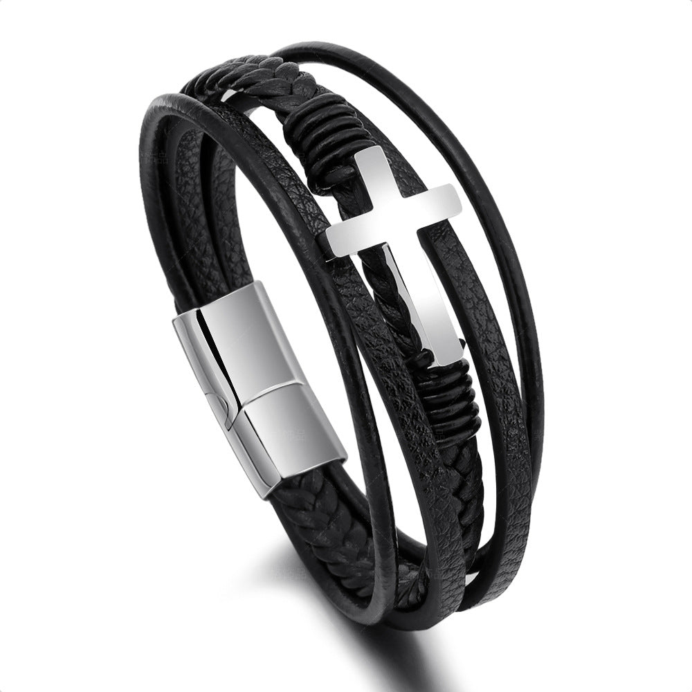 Men's Woven Handmade Leather Magnetic Snap Cross Stainless Bracelets