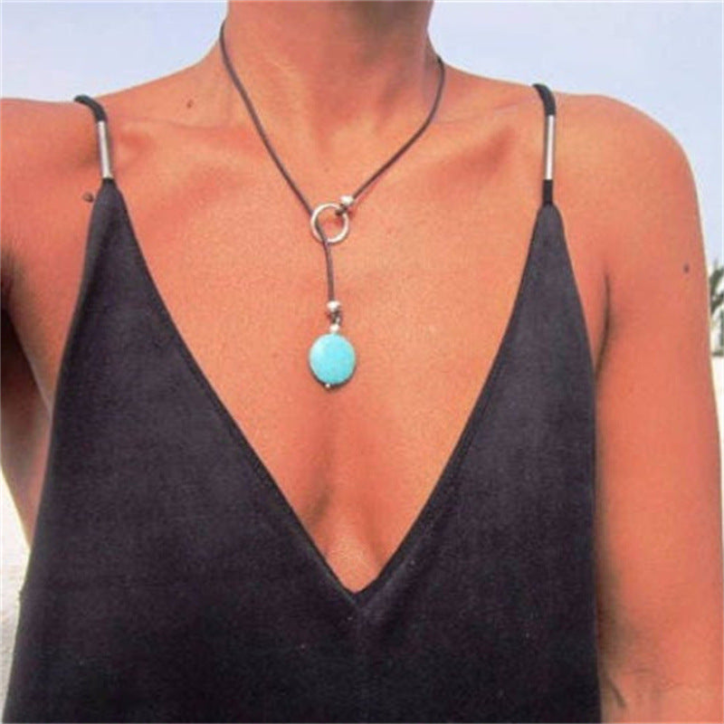 Hollow Flower Clavicle Chain Turquoise Leather Rope Y-shaped Necklace