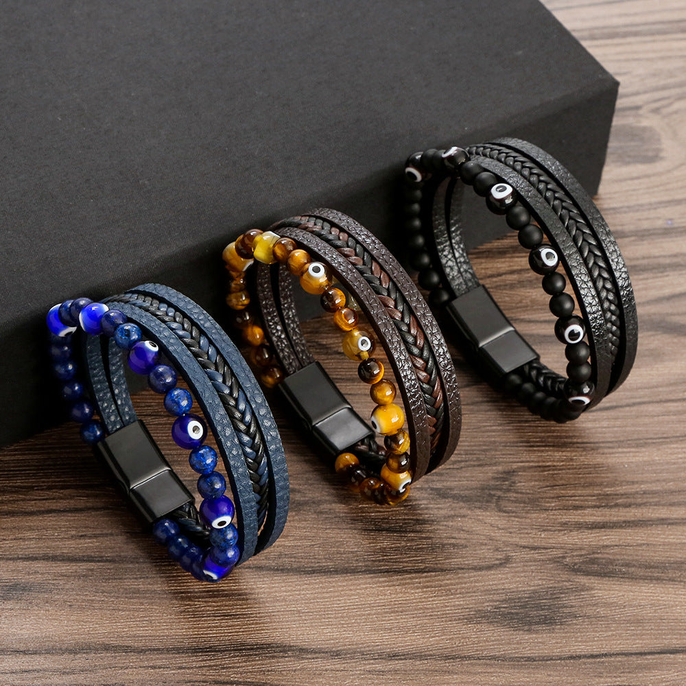 Men's Glass Devil's Eye Vintage Beaded Leather Bracelets