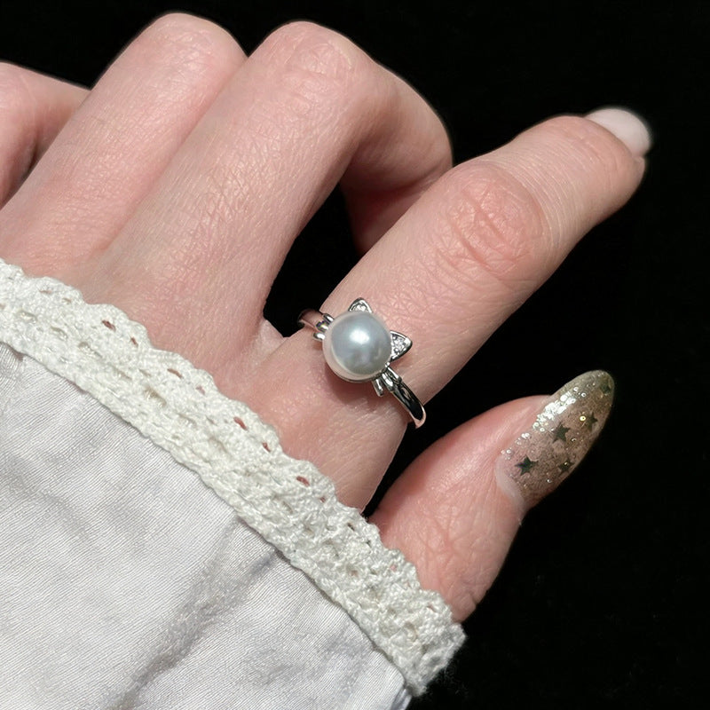 Pearl Shining Diamond Open Female Design High Sense Ring