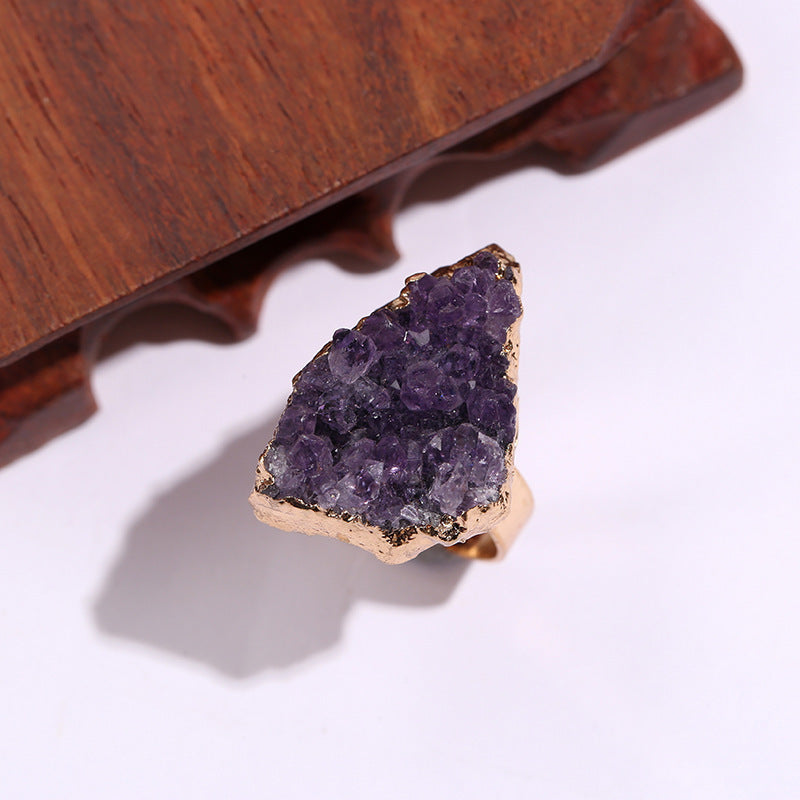 Amethyst Cluster Electroplated Golden Open-end Crystal Tooth Ring