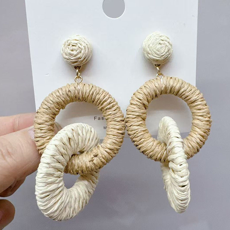 Straw Round Double Design Ethnic Style Graceful Fashionable Island Vacation Earrings