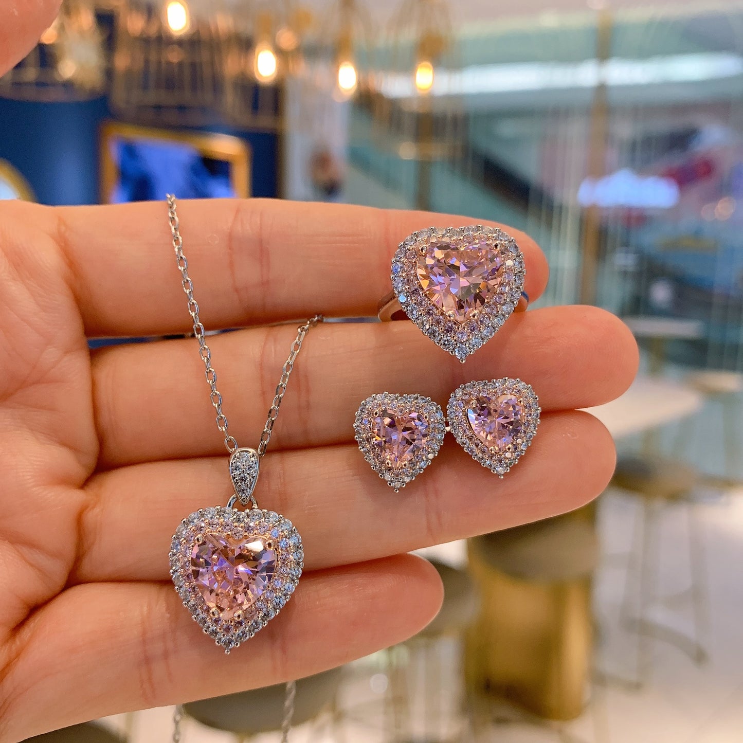 Women's Live Pink Love Heart-shaped Zircon Jewelly Jewelry Set