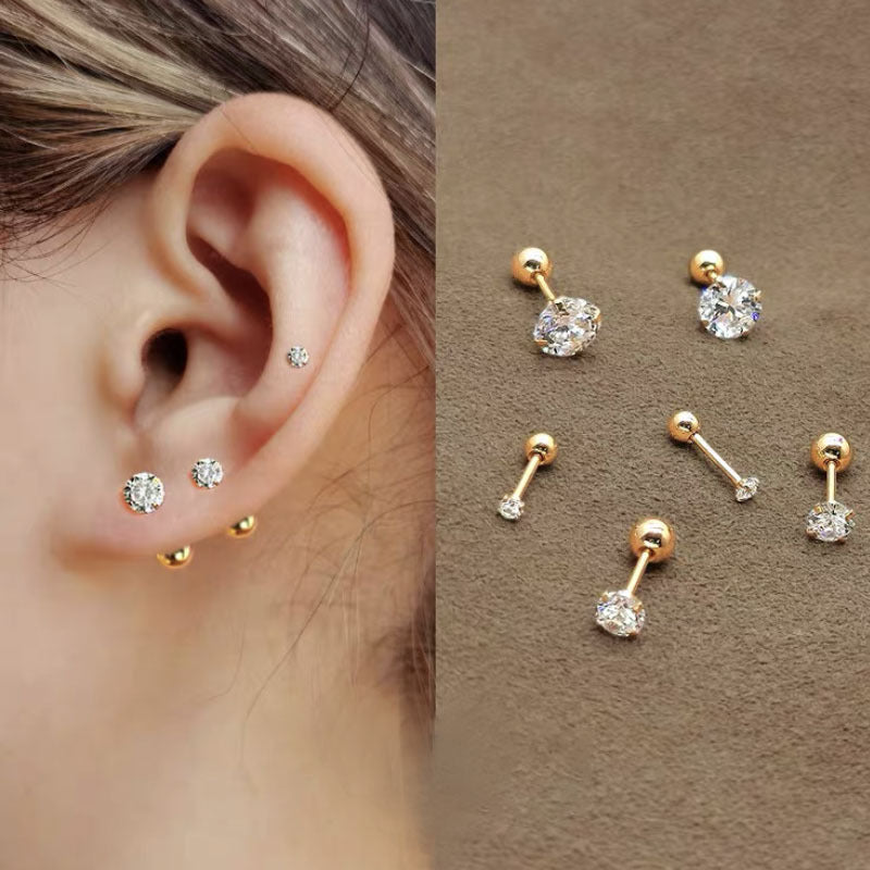Ear Bone Stainless Steel Zircon Super Flash Nail Drill Stud Earrings