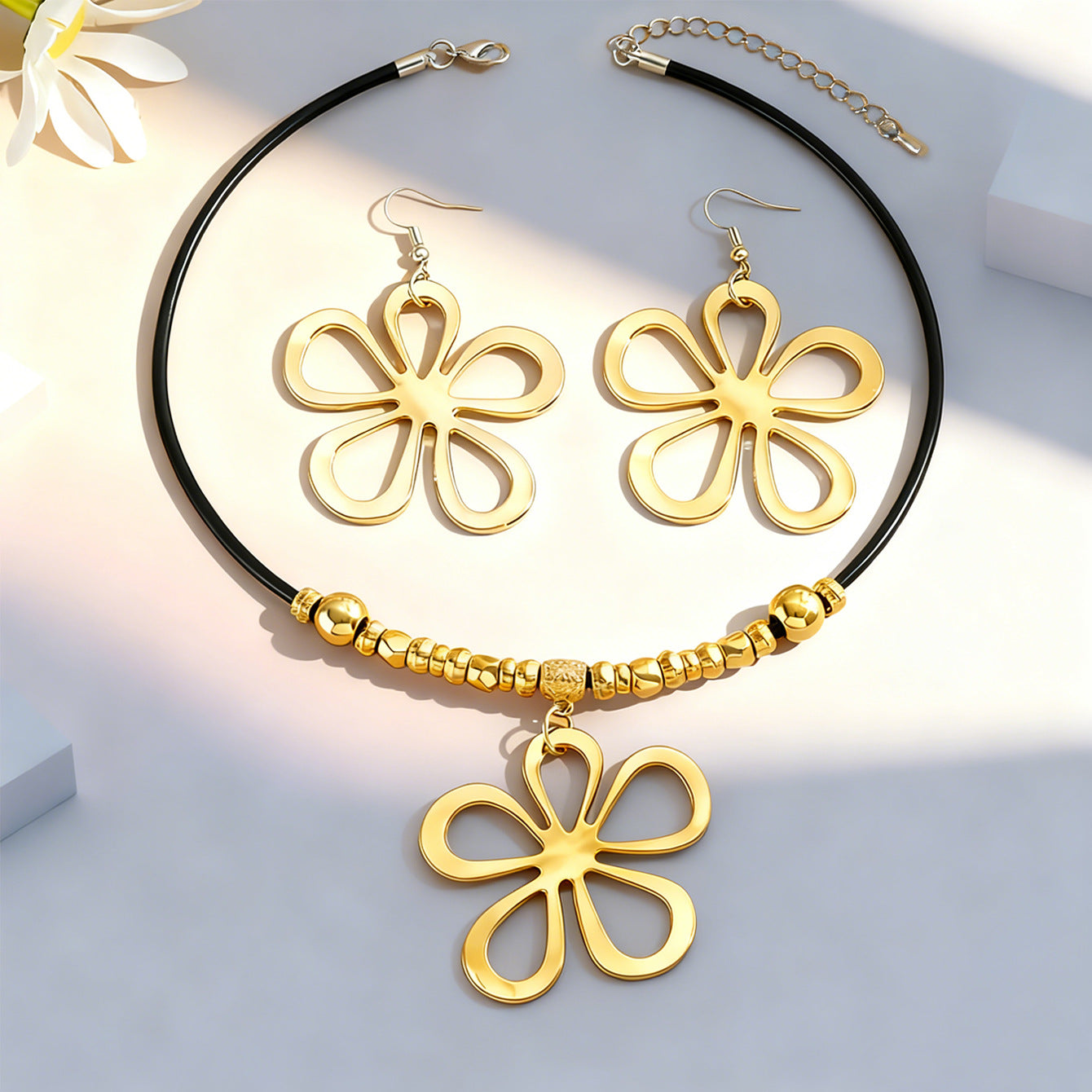 Classy Black Rope Geometric Hollow Flower Jewelry Set