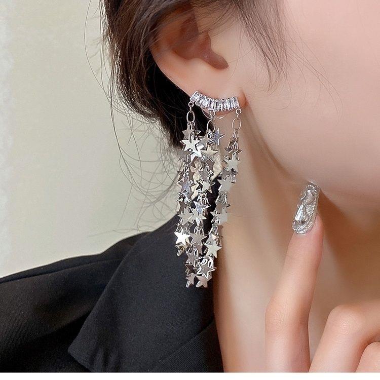 Women's Sier Five-pointed Star Sequin Tassel Korean Earrings