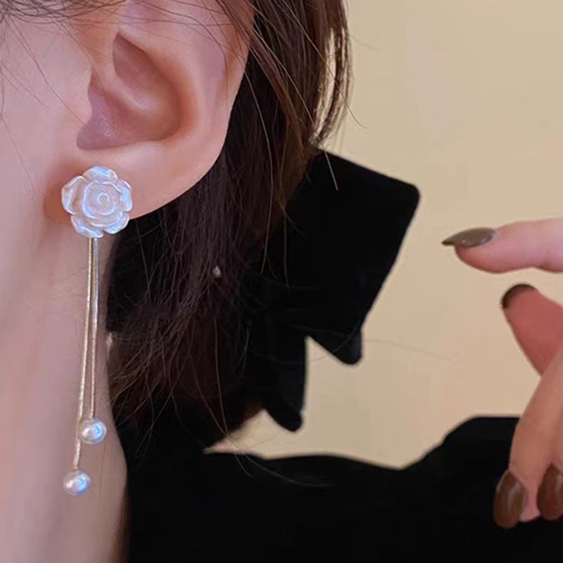 Needle Camellia Long Fringe High-grade Design Earrings