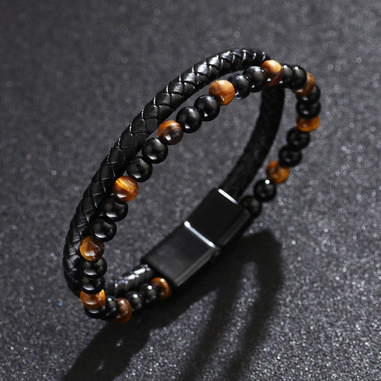 Men's Stone Tigereye Beaded Cowhide String Agate Bracelets