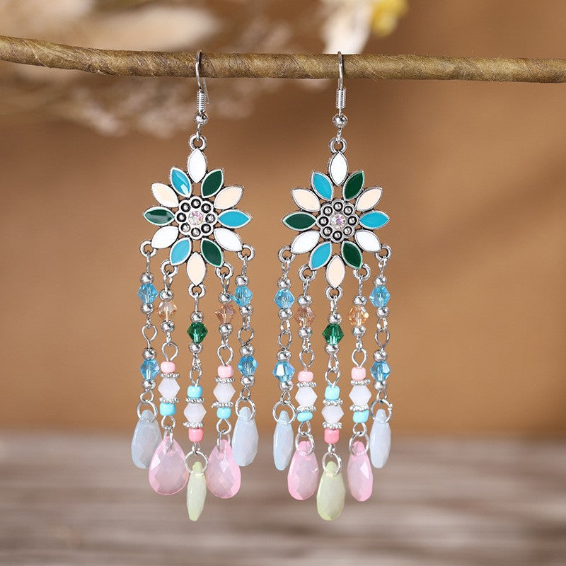 Ethnic Style Tassel Long Bohemian Crystal Yunnan Summer Earrings