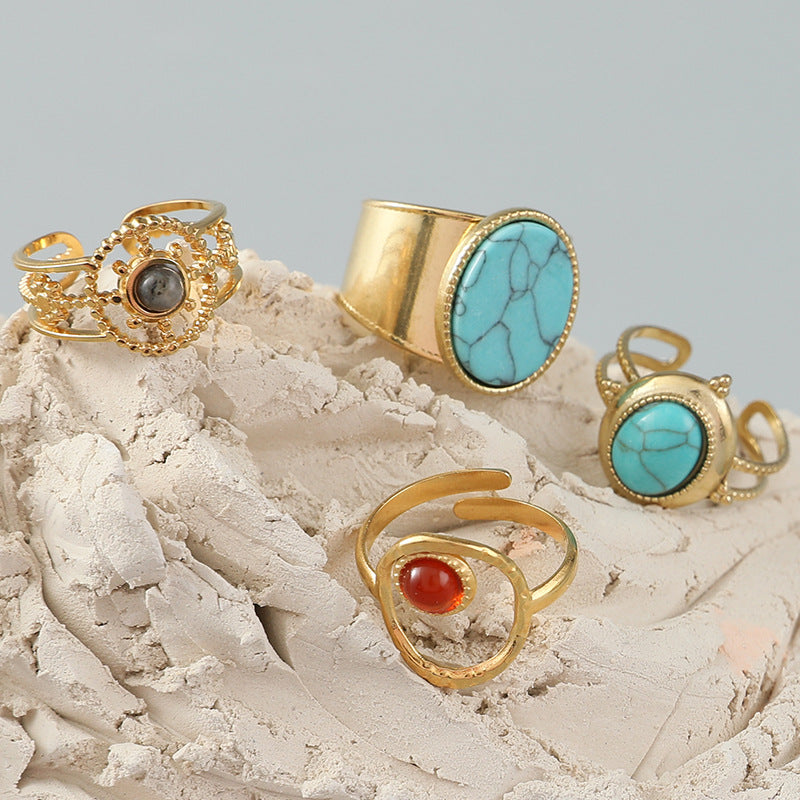 Stainless Steel Ladies Natural Stone Turquoise Shank Retro Ring